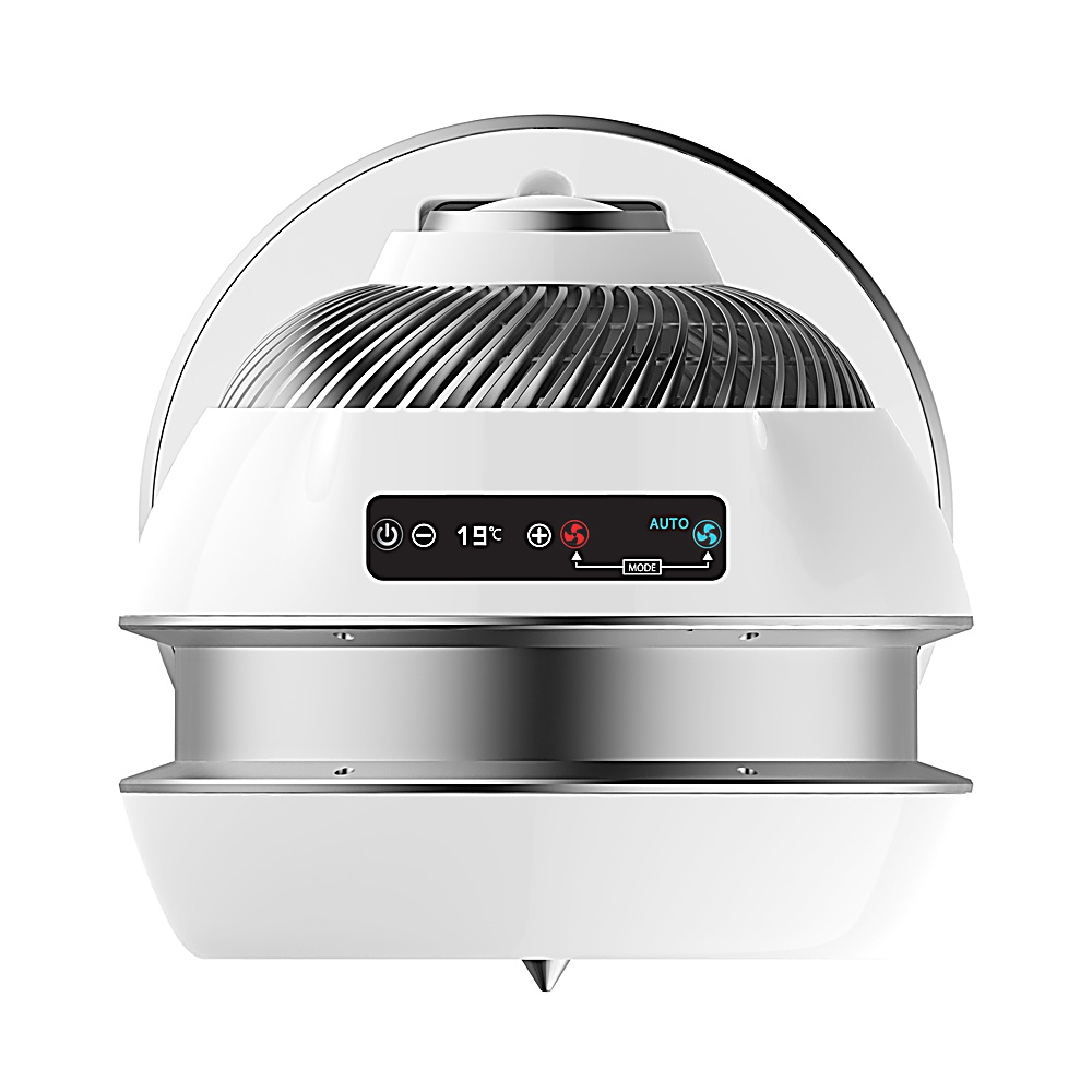 Purificatore d'aria bianco e argento. Ha un display digitale che mostra la temperatura e le impostazioni della ventola. Una cupola trasparente circonda le pale.