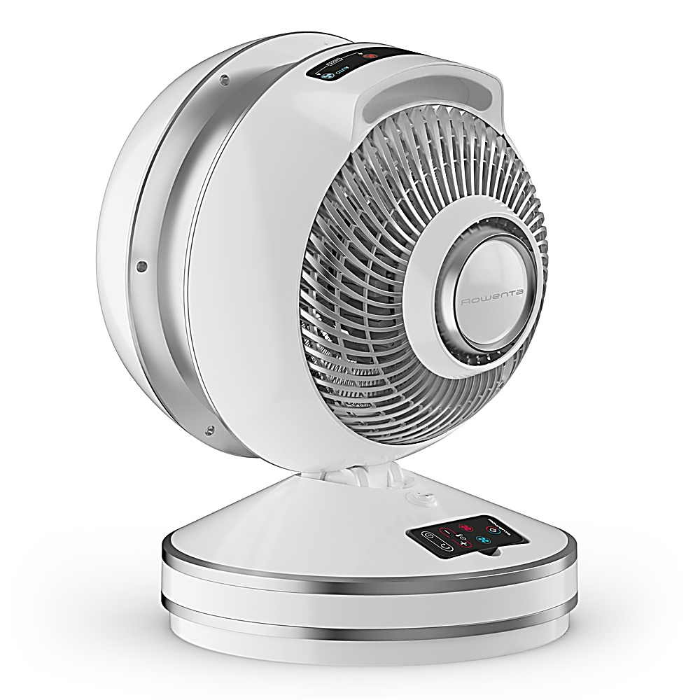 Ventilatore Rowenta bianco e argento. Ha una testa sferica con griglia e una base circolare con pannello di controllo. Il logo è visibile.