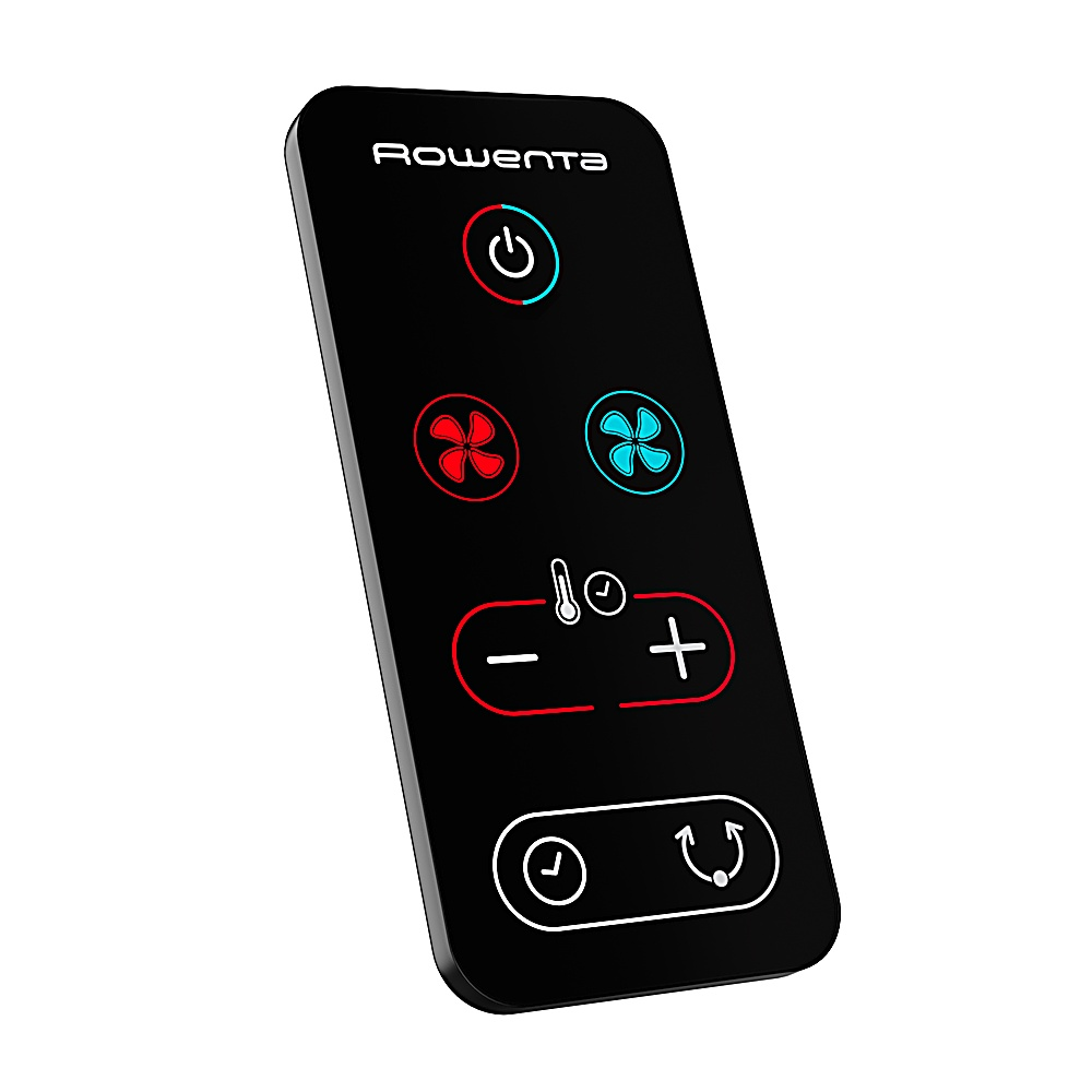 Un telecomando nero con logo Rowenta. Ha comandi di accensione/spegnimento, ventola, temperatura e timer in bianco e rosso/blu.