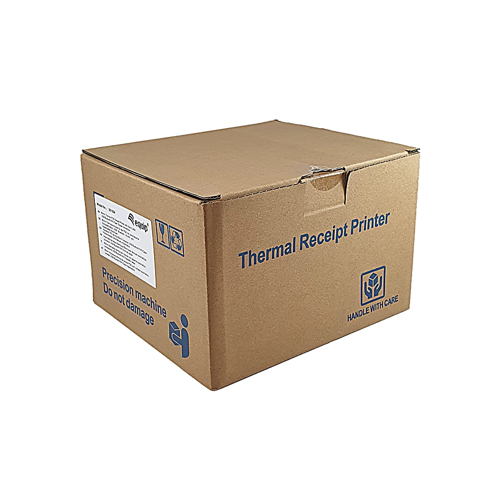 Brązowe kartonowe pudełko z napisem 'Thermal Receipt Printer'. Posiada symbol 'Ostrożnie' i tekst 'Maszyna precyzyjna. Nie uszkadzać'.