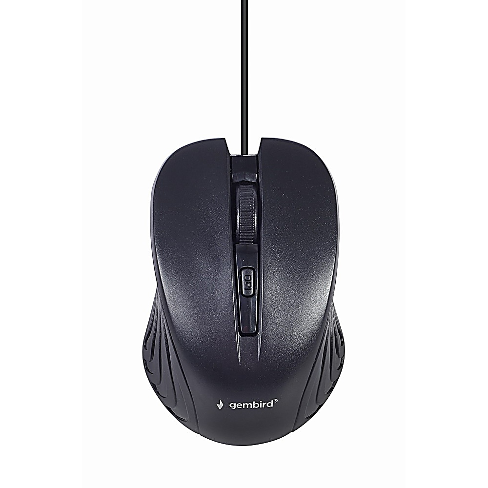 Un mouse per computer Gembird nero con rotella di scorrimento e pulsante DPI, cavo collegato. Il mouse è su sfondo bianco.