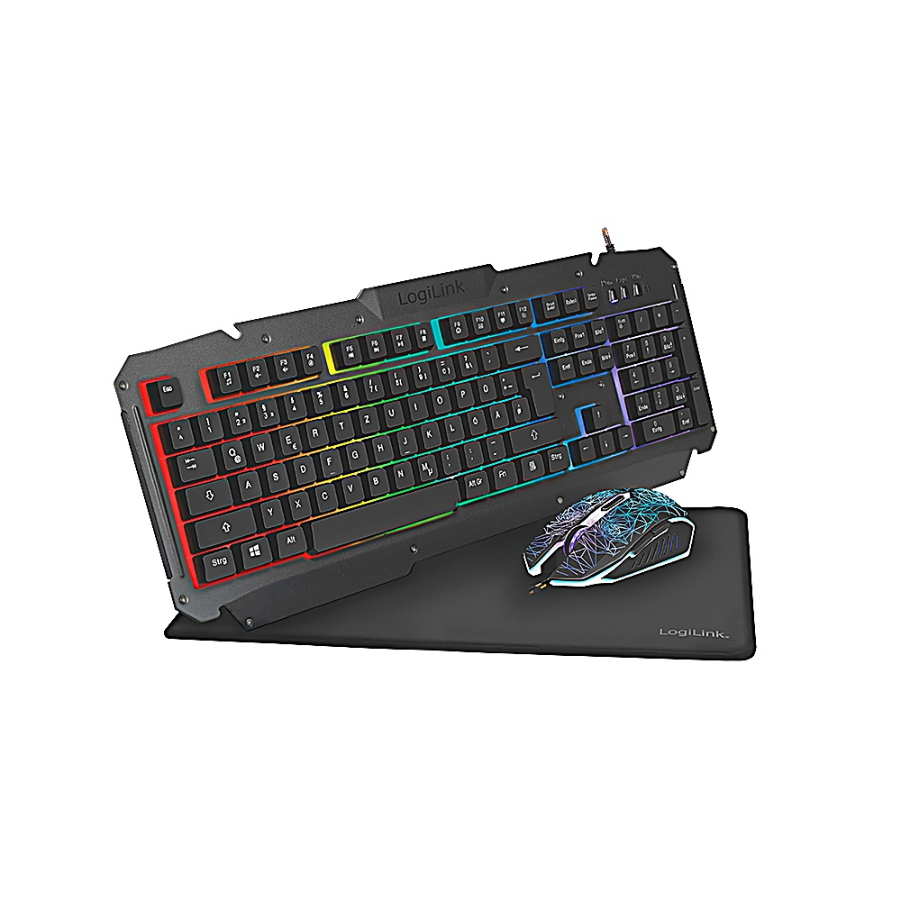 Un set di tastiera e mouse da gioco su un tappetino nero. La tastiera ha luci arcobaleno e il mouse motivi geometrici.