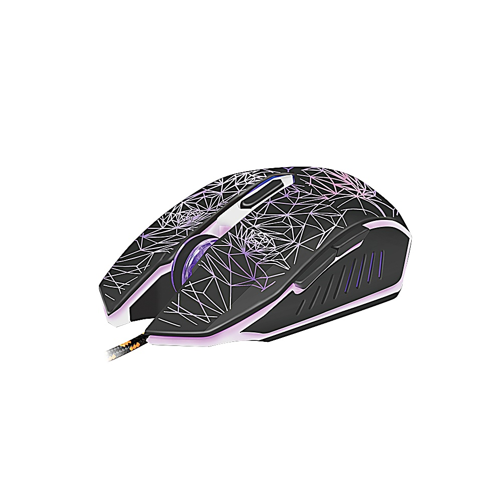 Un mouse da gioco nero con motivo geometrico bianco e illuminazione viola. Ha una rotella di scorrimento e un cavo.