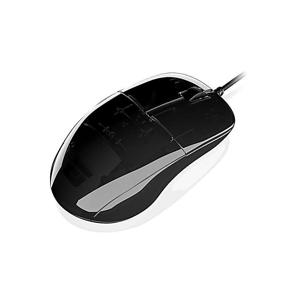 A black computer mouse with a transparent top is on a white surface. The mouse has a cord extending from the back.