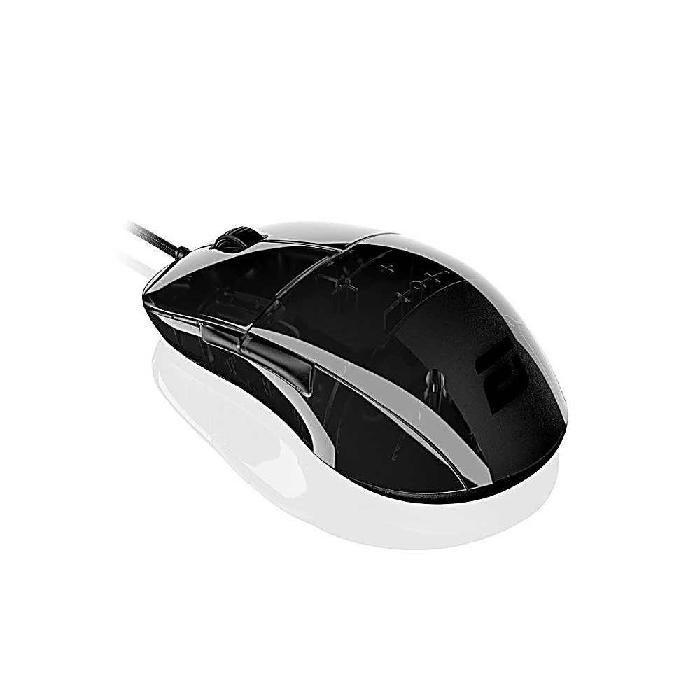 A black computer mouse with a transparent top, sitting on a white surface. A black cable extends from the mouse.