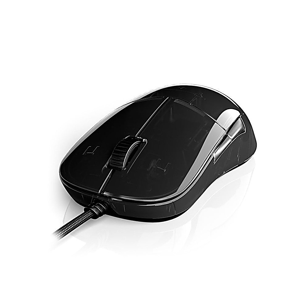 A black computer mouse with a scroll wheel and a wired connection, set against a bright white background.