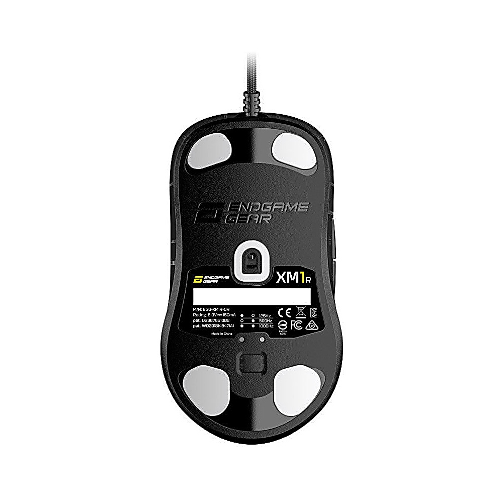 Black Endgame Gear XM1r mouse, underside view, with white pads and text details, connected to a black cable.