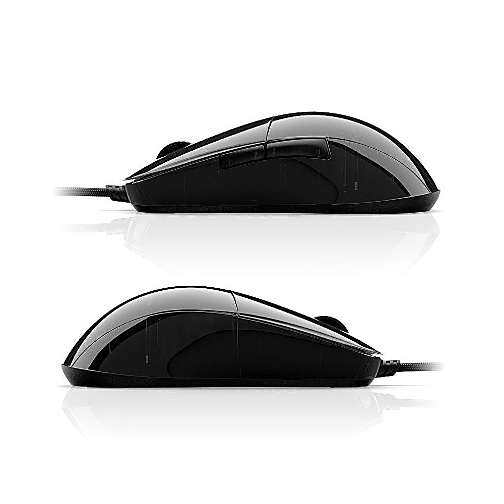 Two black computer mice are side-by-side on a white surface. Each has a cord extending from the front.
