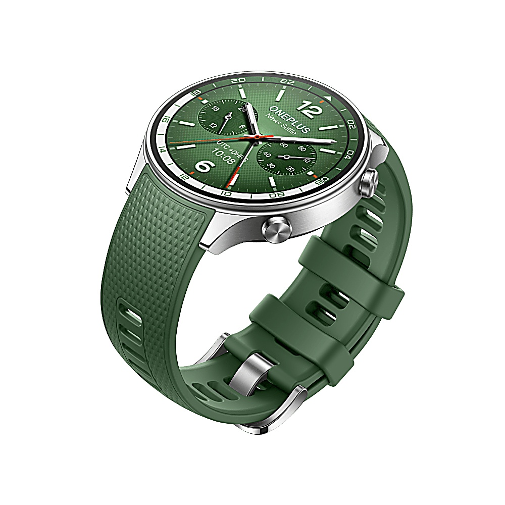 Zielony smartwatch OnePlus ze srebrną ramką, zielony pasek. Tarcza wyświetla godzinę i nazwę marki.