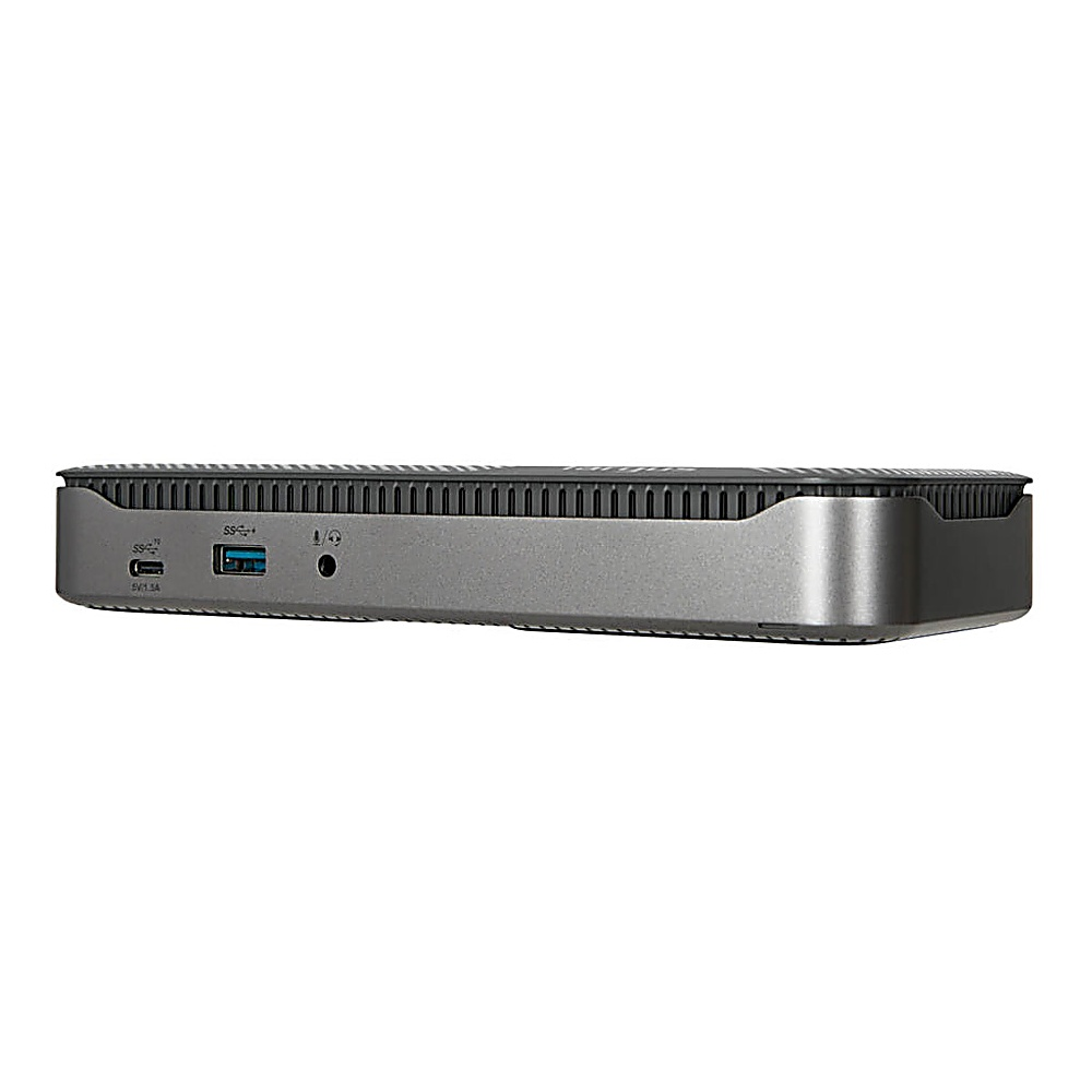 Ein silbernes Computergerät mit Anschlüssen an der Vorderseite. Es hat einen USB-Anschluss, eine Audiobuchse und weitere Anschlüsse.