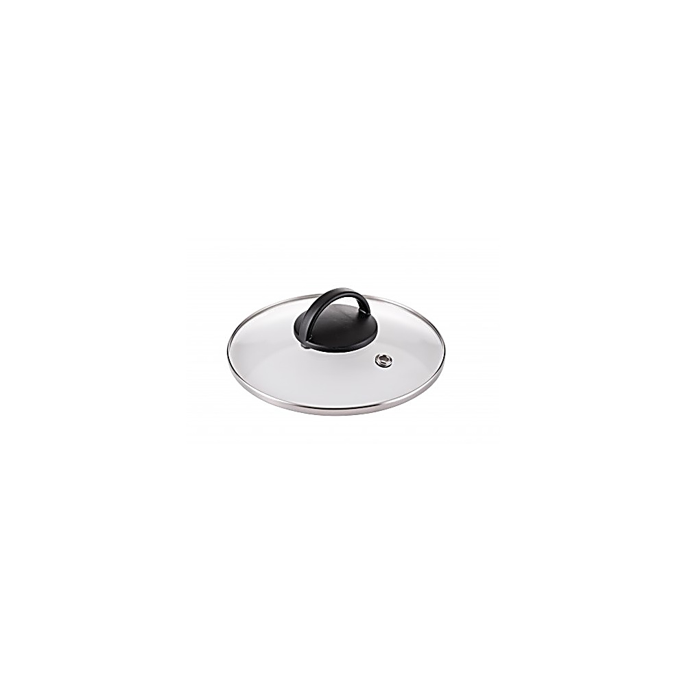 Un coperchio di pentola in vetro trasparente con manico nero è centrato su uno sfondo bianco. Il coperchio ha un bordo argentato.