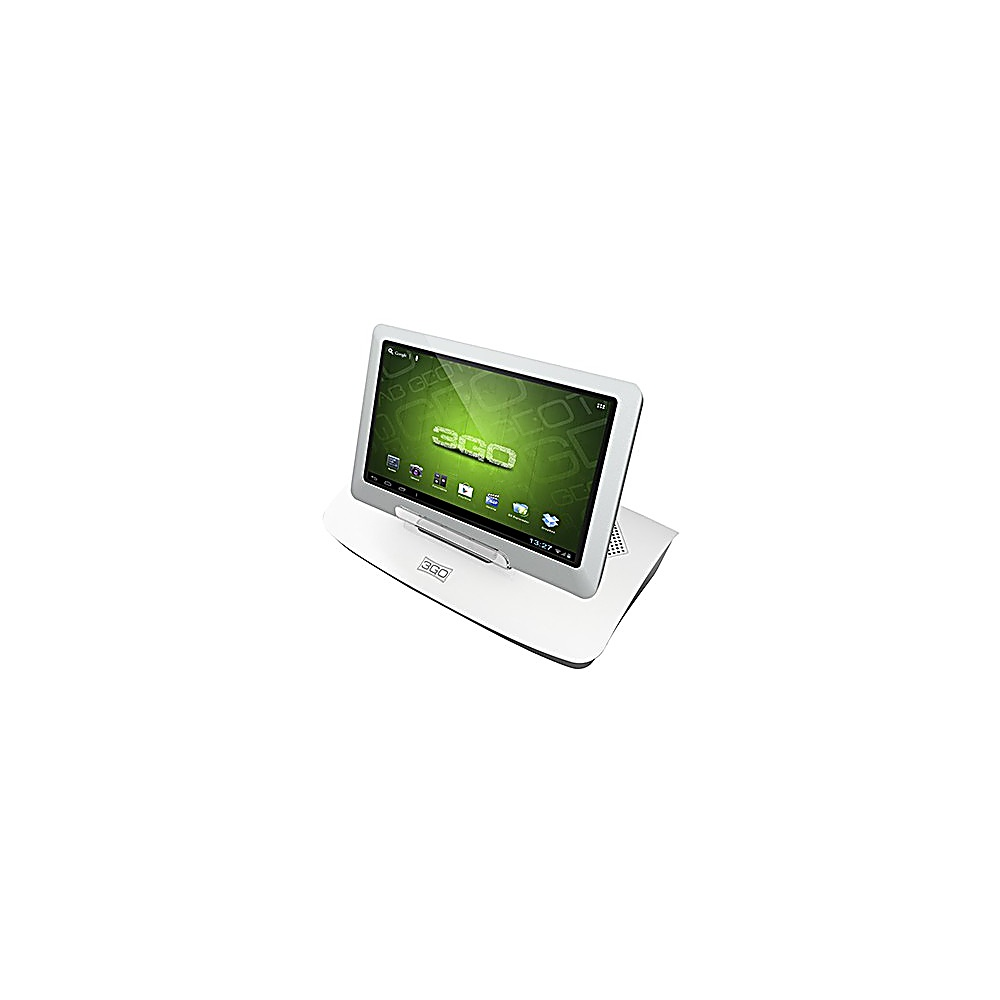 Una tableta blanca con pantalla verde que muestra el logo '360' está sobre un soporte blanco. El fondo es blanco.