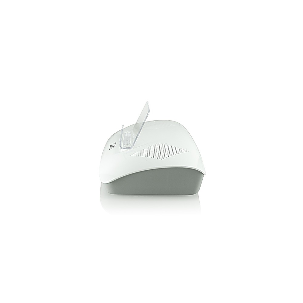 Dispositivo electrónico blanco y gris con soporte de plástico transparente. Tiene una parte superior curva y un frontal perforado.