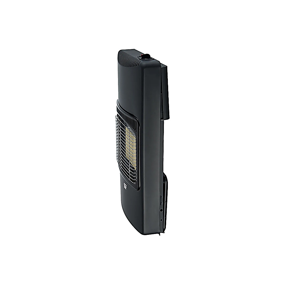 Calentador de gas negro sobre fondo blanco. Presenta una rejilla metálica, forma rectangular y un mando superior.