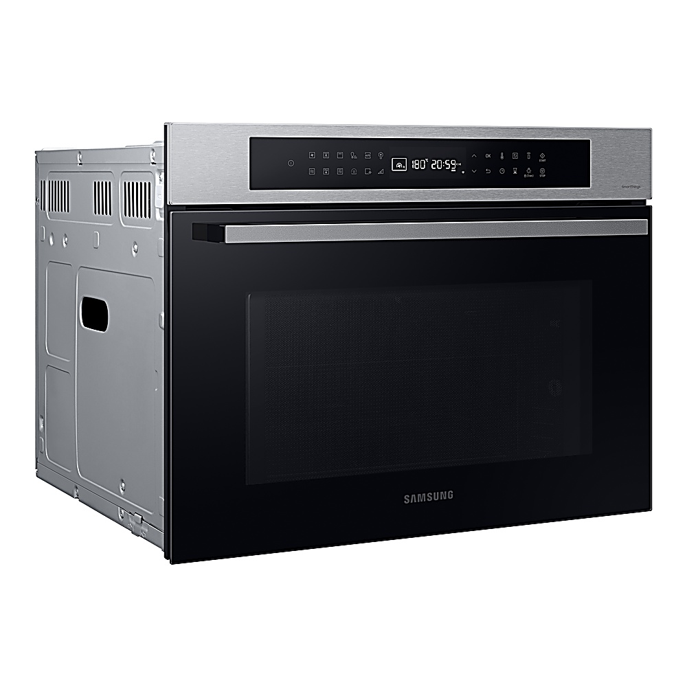Un forno a microonde Samsung in acciaio inossidabile. Ha una porta in vetro nero e un display digitale che mostra 180 gradi e 20:59.