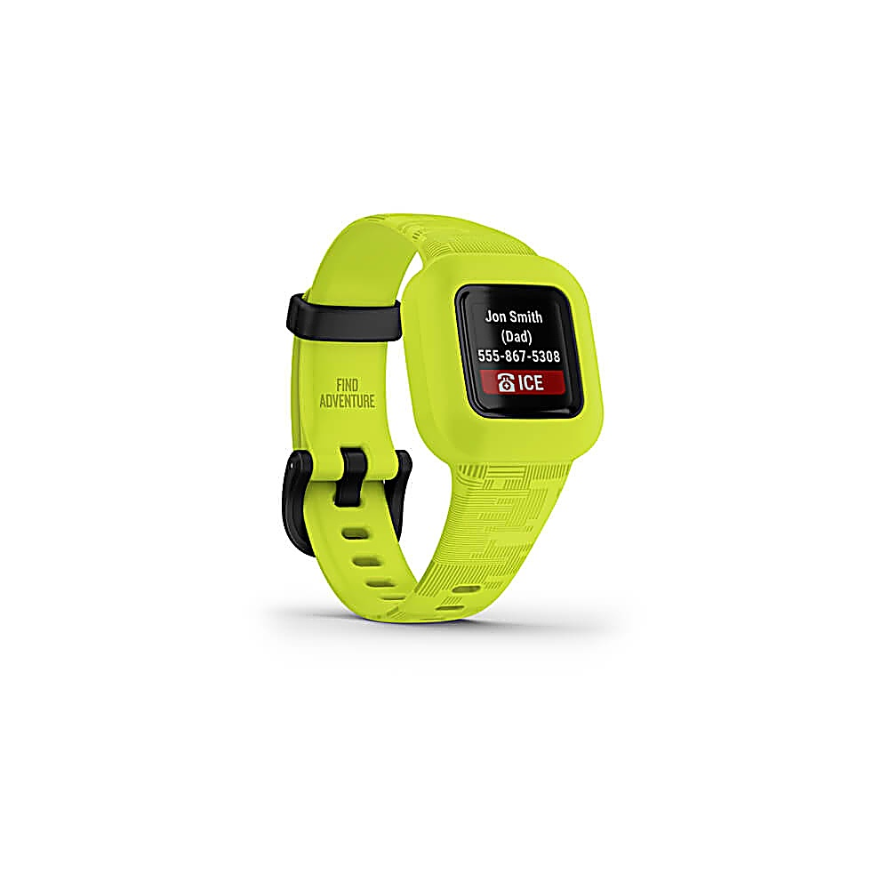 Limonkowy smartwatch z czarnym ekranem wyświetlającym dane kontaktowe: Jon Smith, 555-867-5308, ICE. Pasek ma czarne zapięcie.