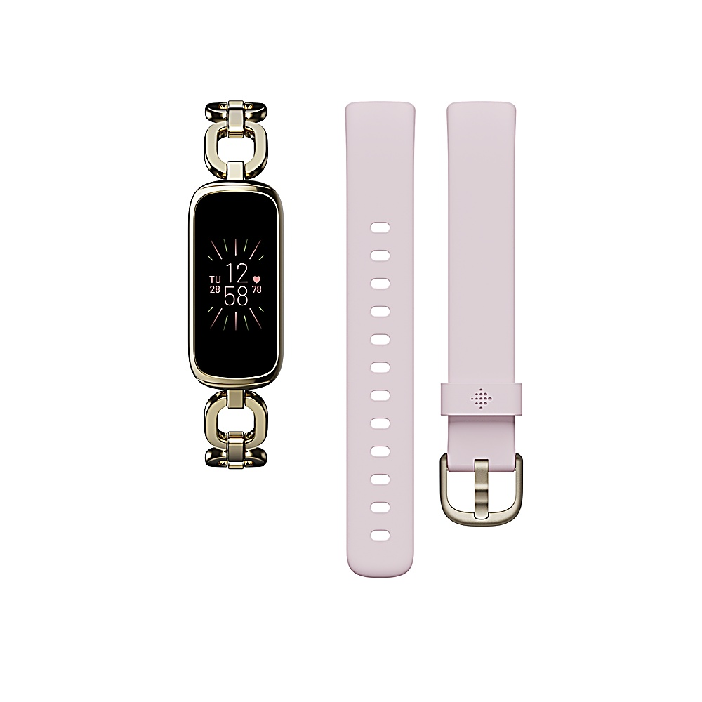Ein Fitness-Tracker und zwei Armbänder. Die Uhr ist goldfarben, die Bänder sind helllila.