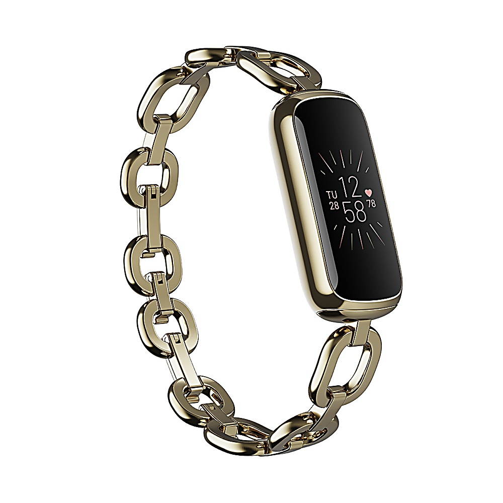 Eine goldene Smartwatch mit schwarzem Bildschirm, der die Uhrzeit anzeigt. Sie hat ein goldenes Kettenband. Der Hintergrund ist weiß.
