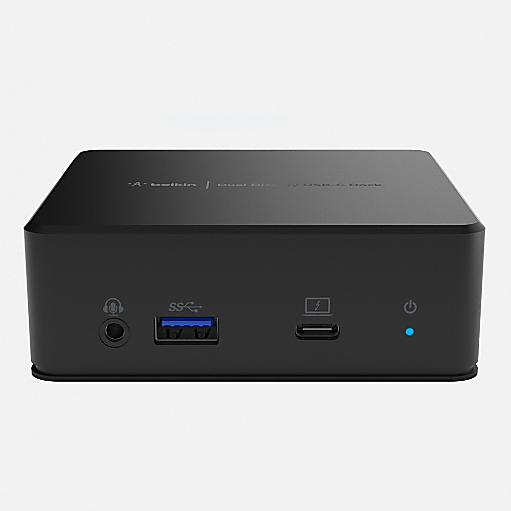 Ein schwarzes Belkin Dual Display USB-C Dock. Es hat Anschlüsse für Audio, USB und Strom. Ein blaues Licht zeigt Strom an.