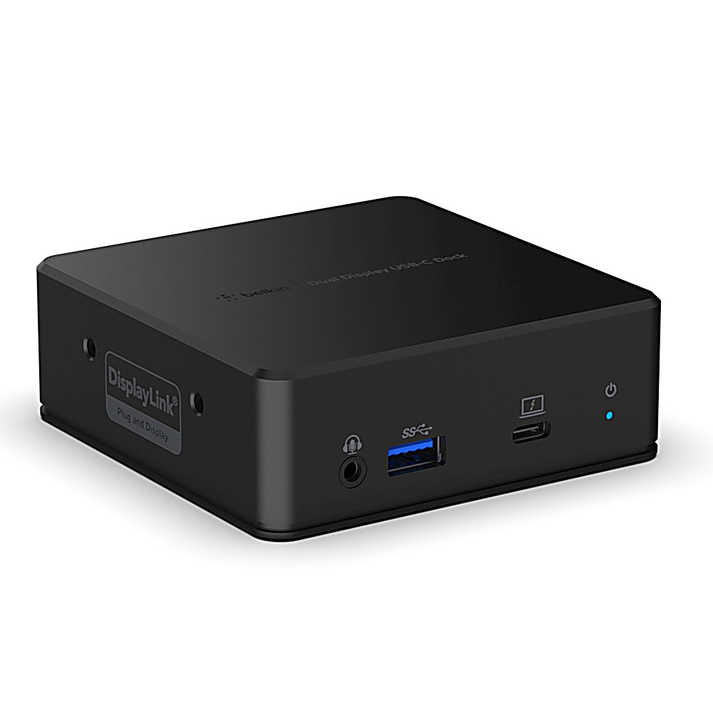 Ein schwarzes Belkin USB-C Dock mit verschiedenen Anschlüssen, darunter USB, Audio und Strom, und einer blauen Betriebsanzeige.