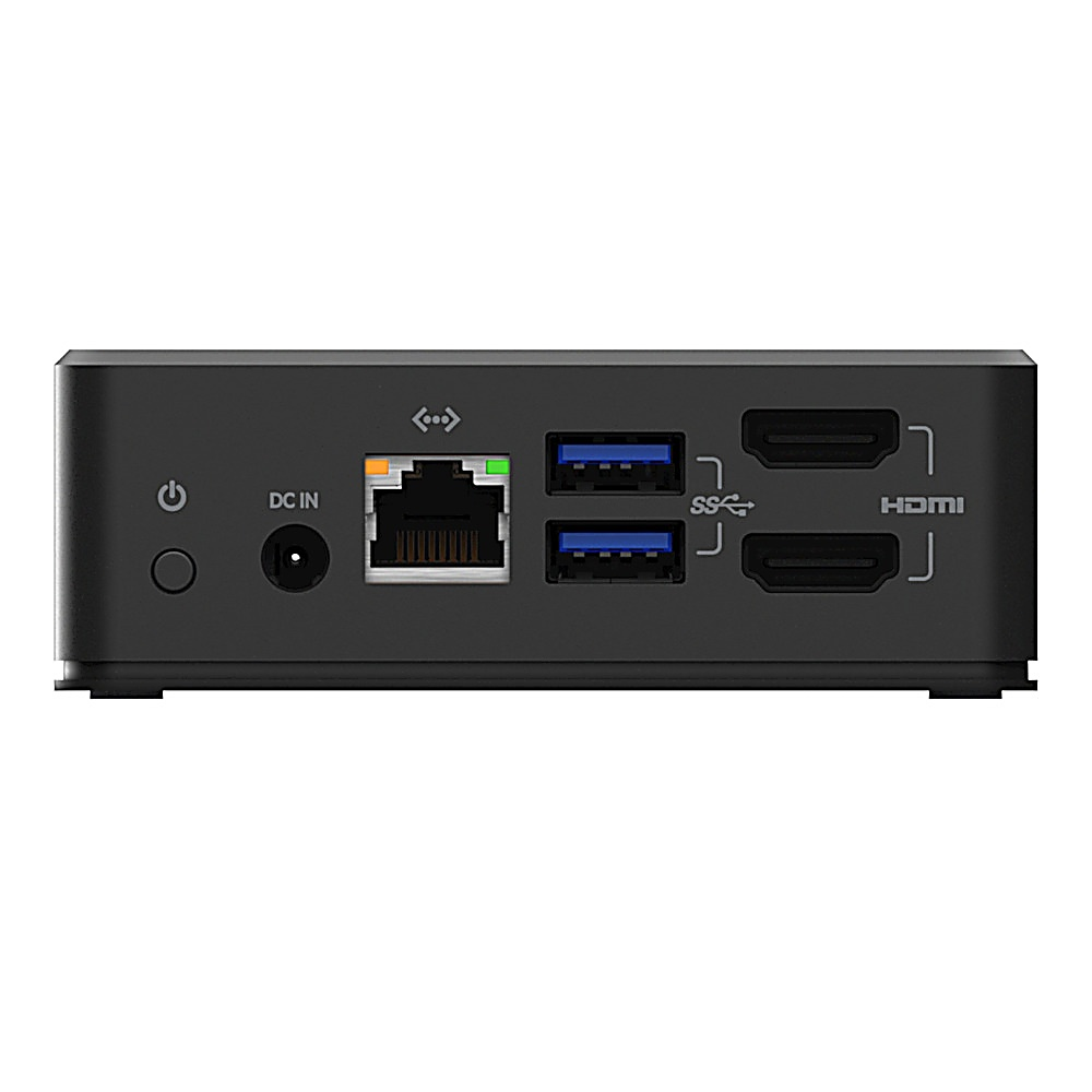 Schwarzer Mini-PC-Vorderansicht mit Anschlüssen: Strom, DC-Eingang, Ethernet, USB, HDMI. Grüne und orangefarbene Kontrollleuchten sind an.