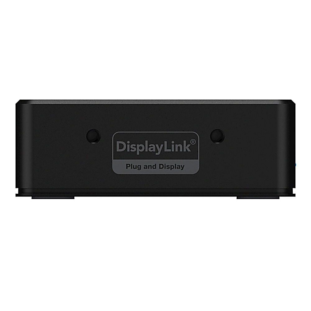 Ein schwarzes DisplayLink-Gerät mit der Aufschrift 'Plug and Display'. Das Gerät ist rechteckig mit abgerundeten Ecken.