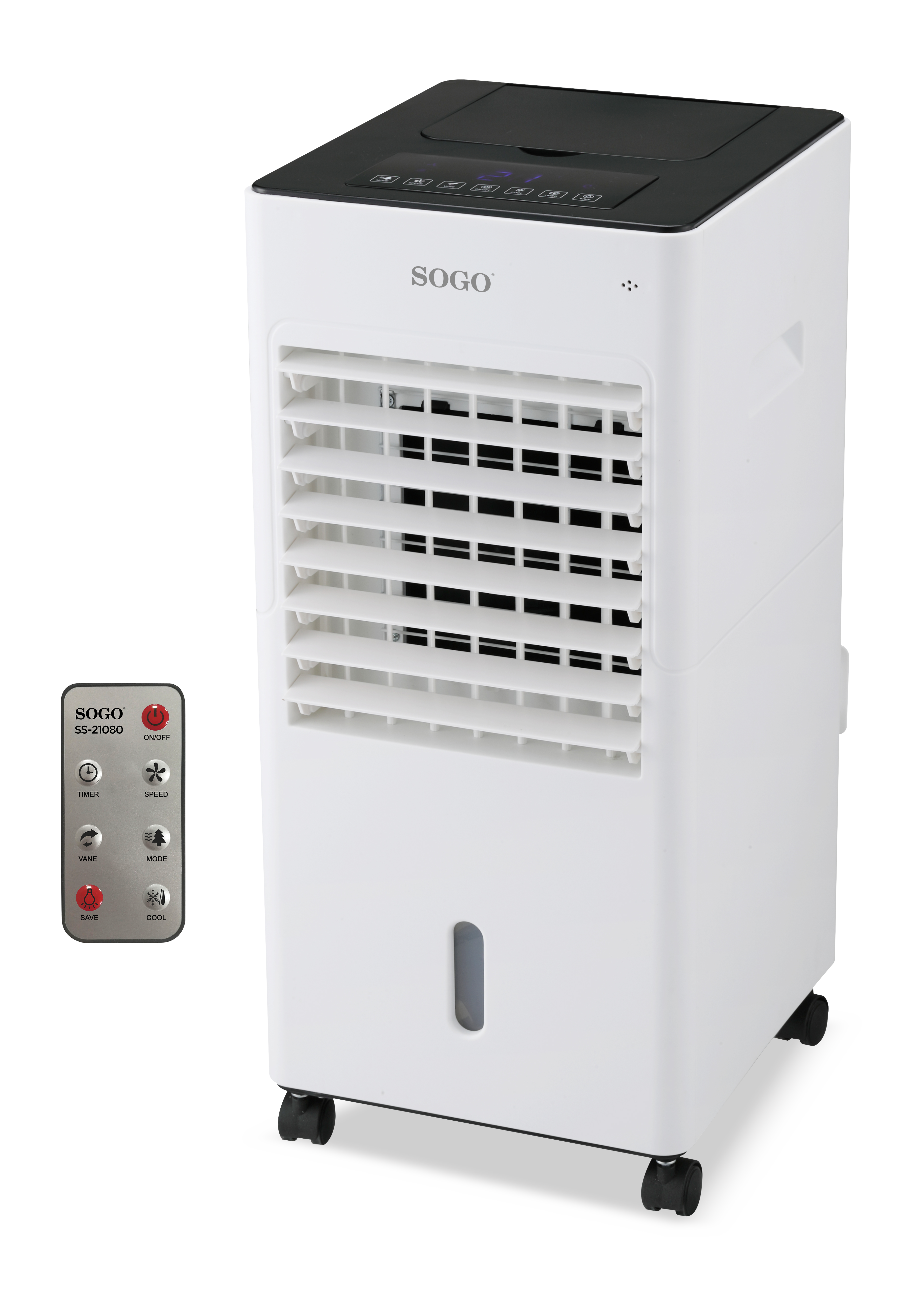 Condizionatore d'aria SOGO bianco con parte superiore nera, pannello di controllo e telecomando. Include indicatore livello acqua e ruote.