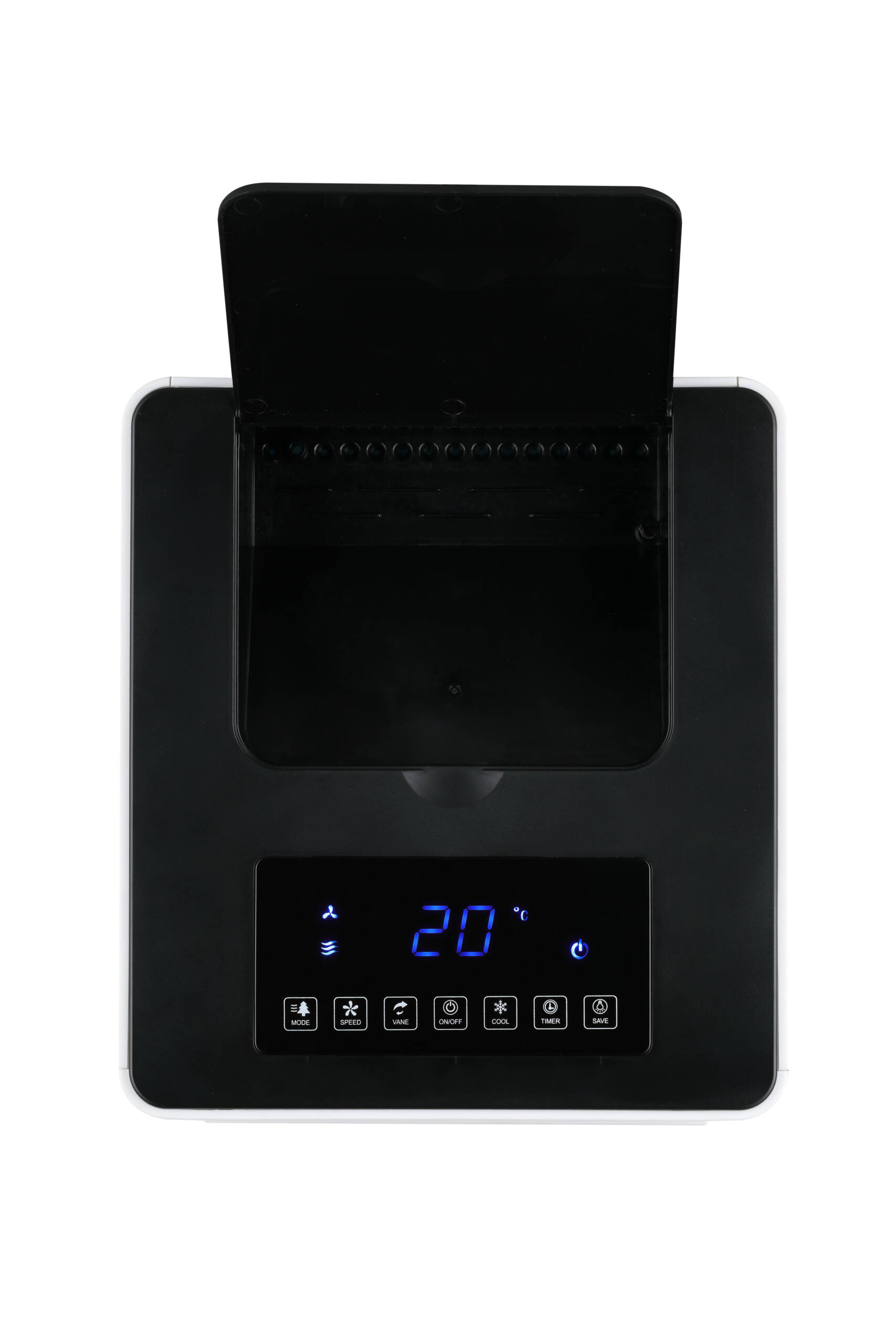 Un refrigeratore d'aria in bianco e nero. Ha un display digitale che mostra 20 gradi e icone di controllo.