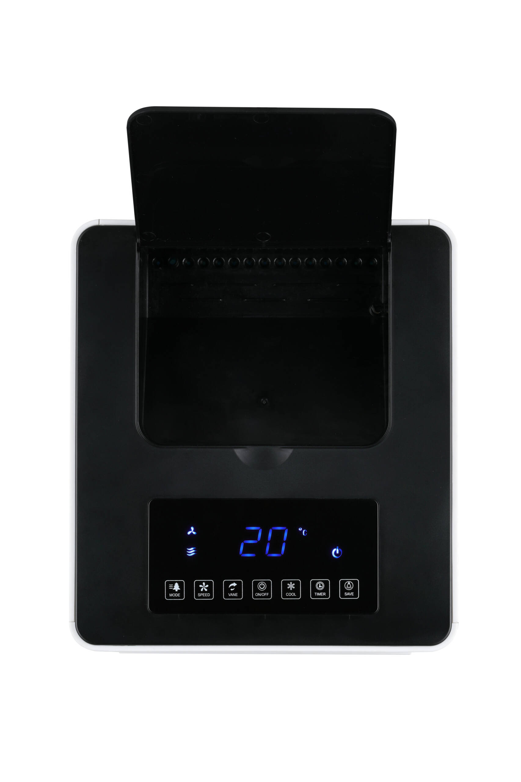 Un condizionatore bianco e nero, che mostra display e pulsanti di controllo. Il coperchio superiore è aperto. Il display mostra 20 gradi.