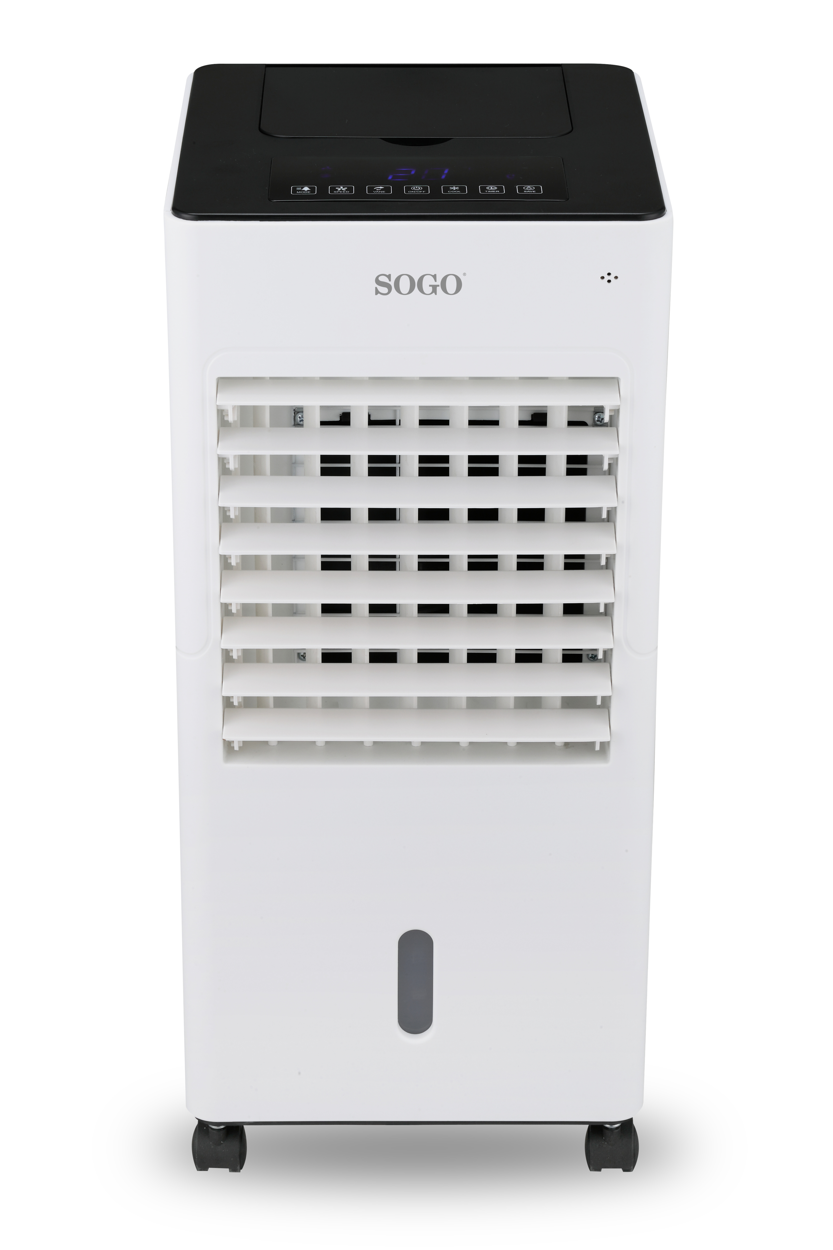 Un condizionatore d'aria SOGO bianco e nero. Ha un display digitale e prese d'aria regolabili. È su ruote.