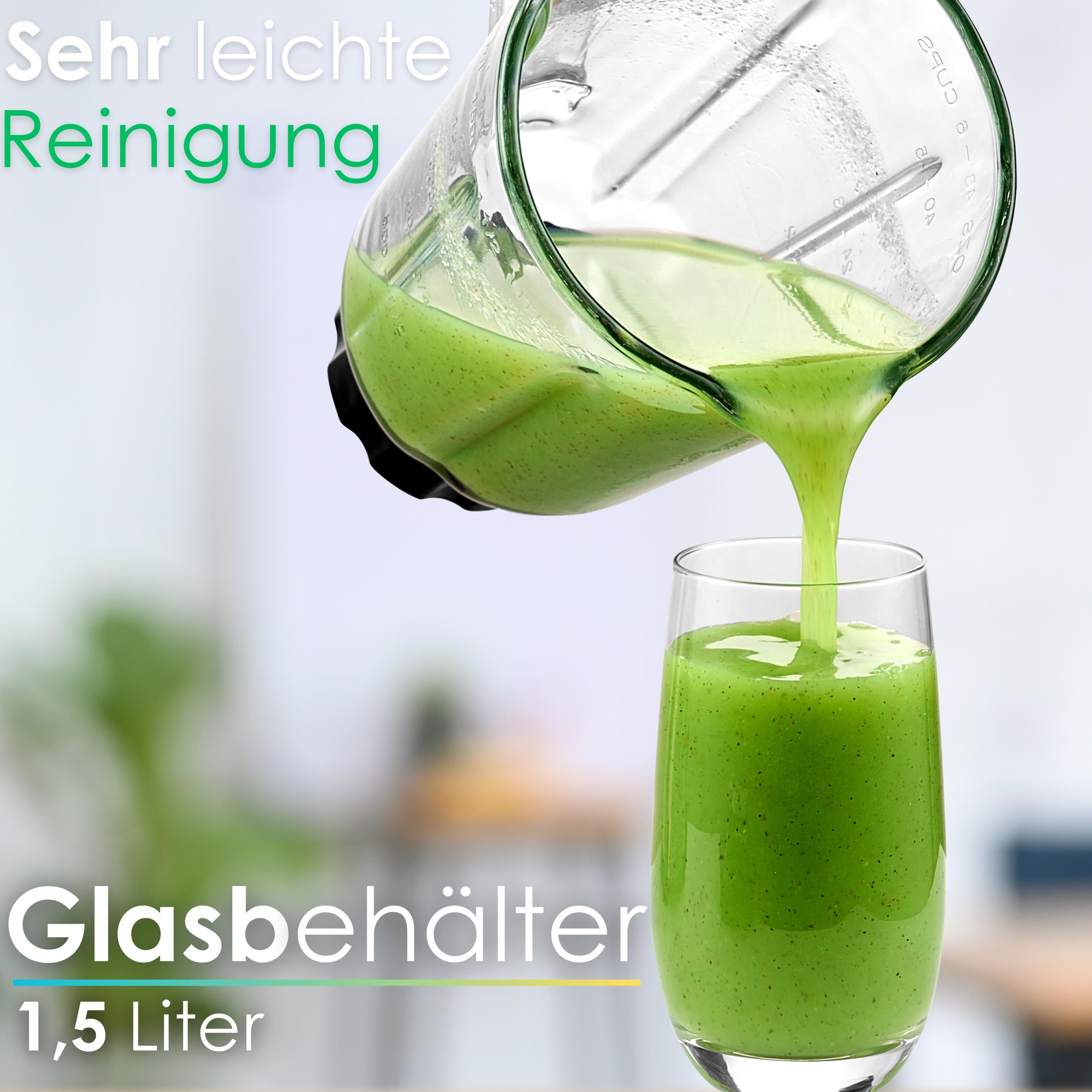 Grüner Smoothie, der in ein Glas gegossen wird. Links ein Mixer. Text: Glasbehälter 1,5 Liter.