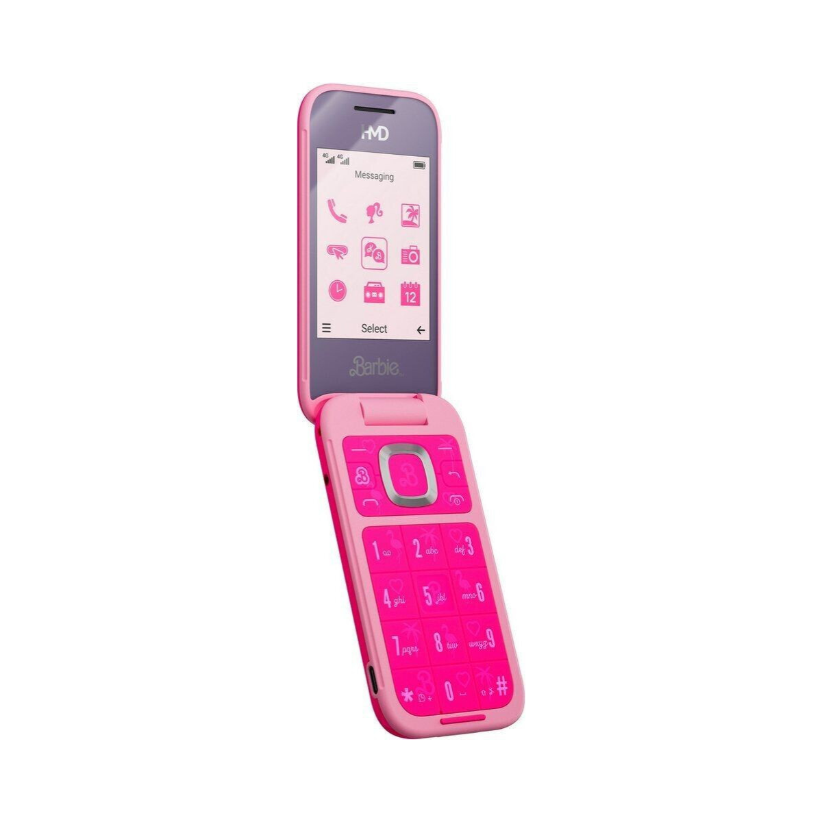 Różowy telefon z klapką Barbie jest pokazany otwarty. Ekran wyświetla ikony. Klawiatura ma cyfry i symbole. Telefon na białym tle.