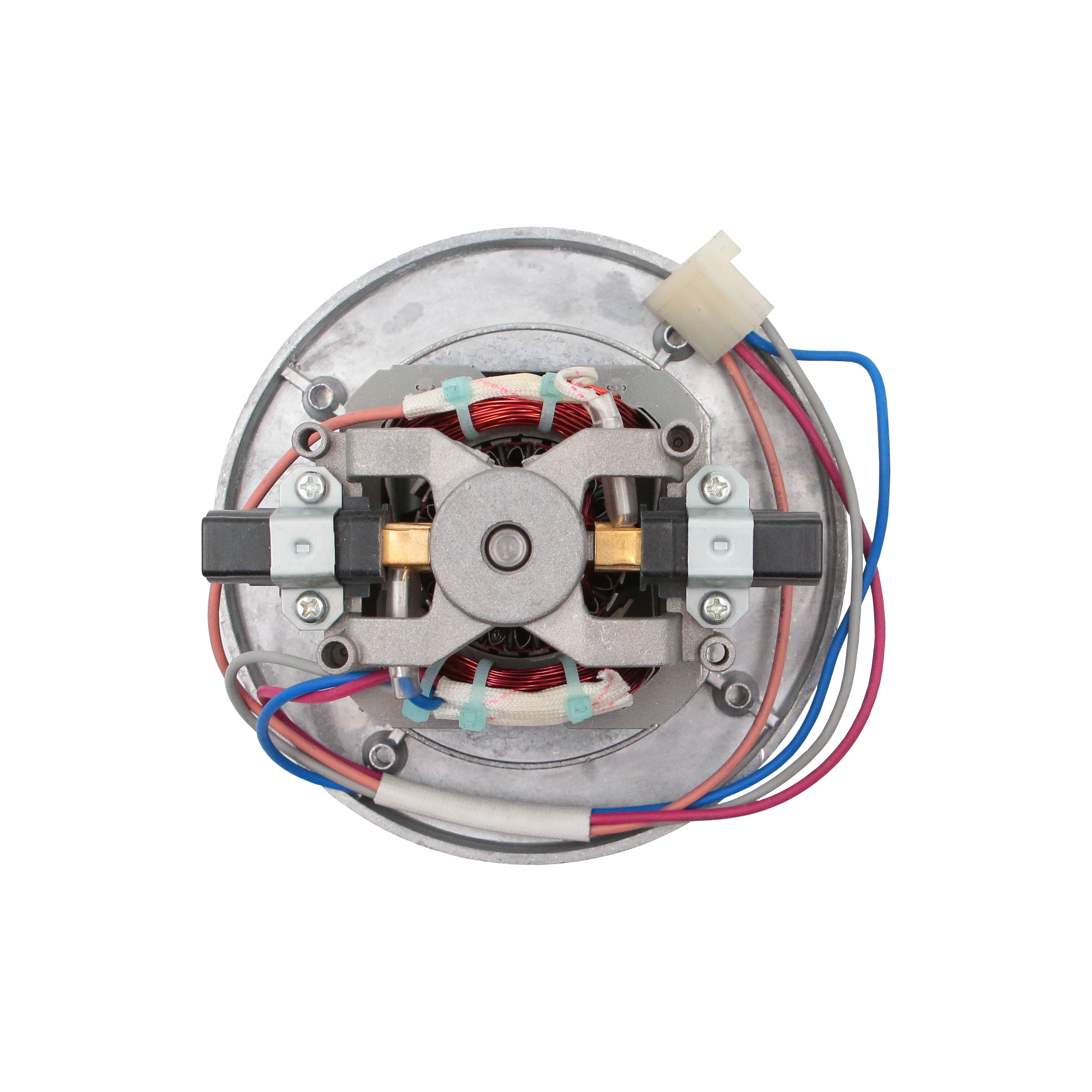 Die Innenteile eines Elektromotors sind sichtbar. Es umfasst Kupferspulen, Drähte und ein Metallgehäuse. Drähte sind verschiedenfarbig.