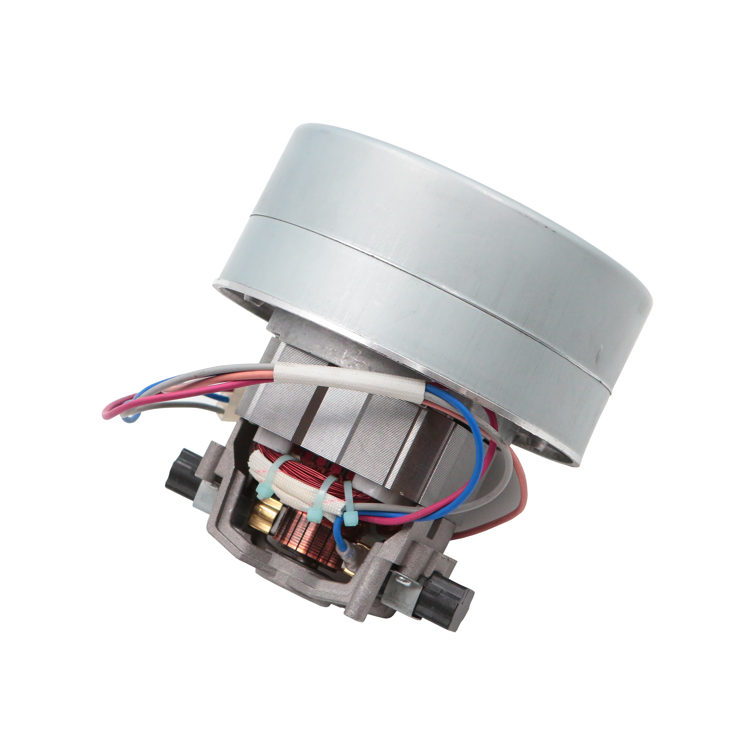 Ein Elektromotor mit Kupferspulen, Drähten und einem Metallgehäuse. Verschiedenfarbige Drähte sind sichtbar.