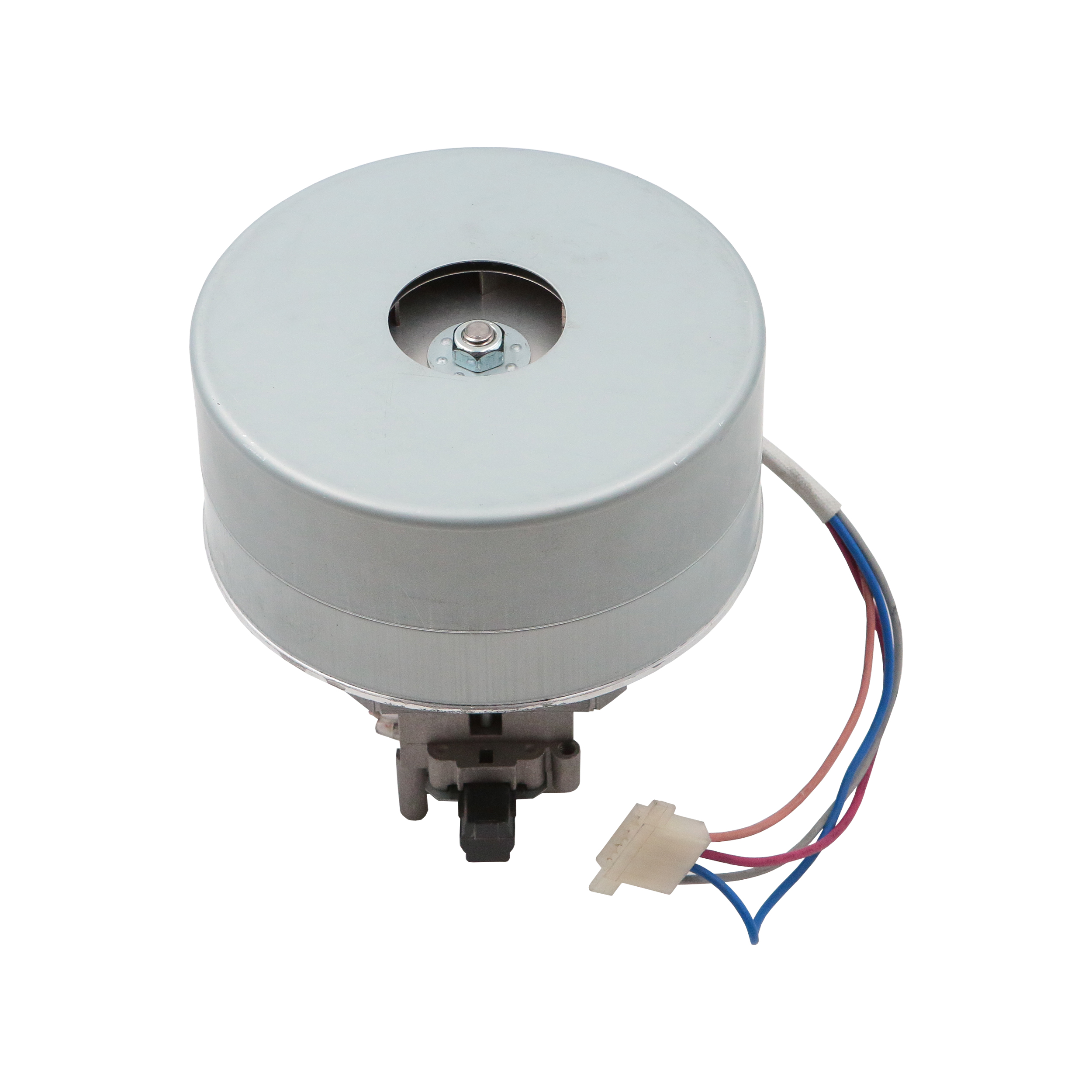 Ein silberner Motor mit Drähten. Der Motor hat ein zylindrisches Metallgehäuse mit einem Stecker und farbigen Drähten.