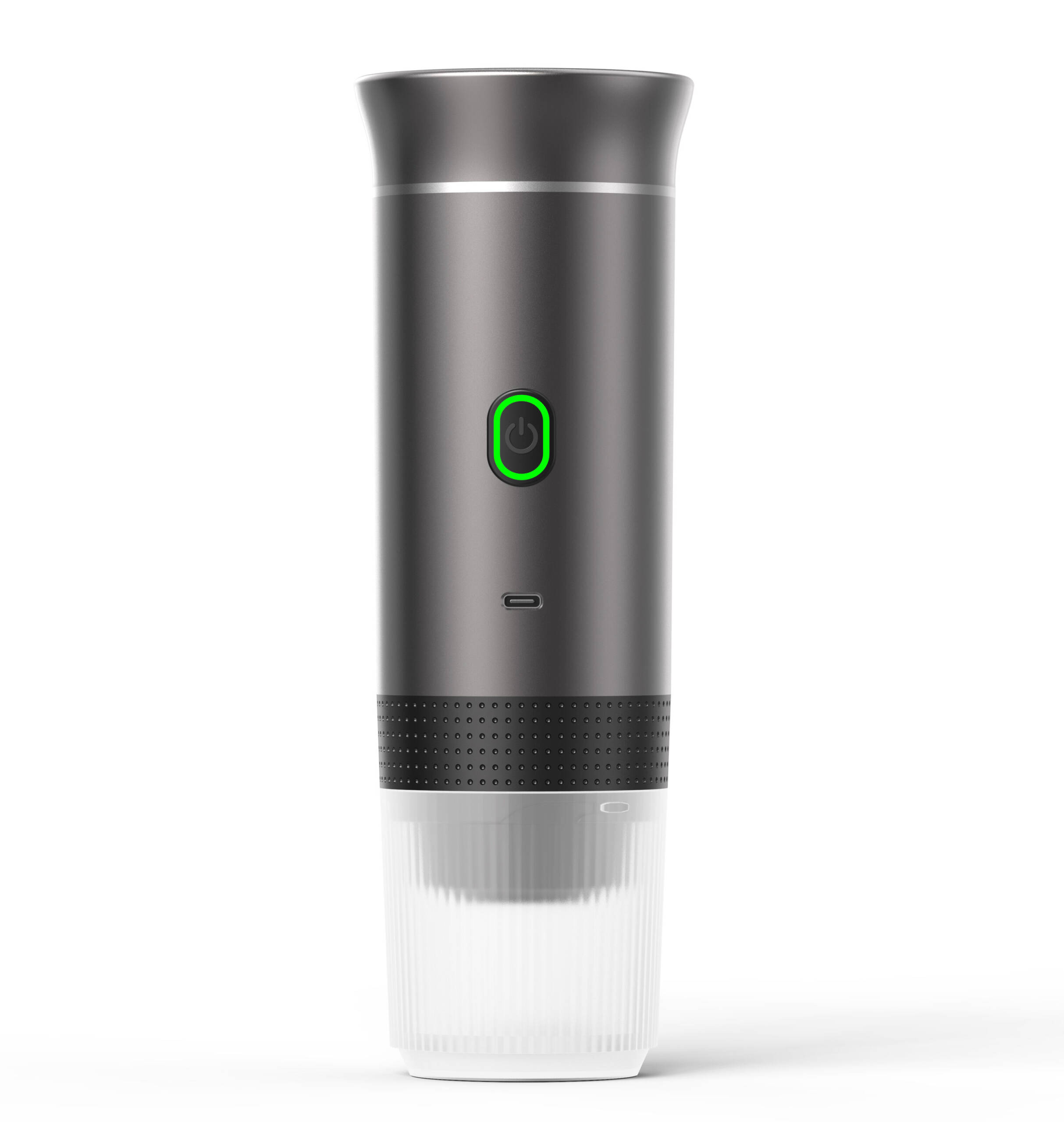 Un dispositivo cilindrico grigio con un pulsante di accensione verde. Ha una sezione inferiore trasparente e scanalata e una porta USB.