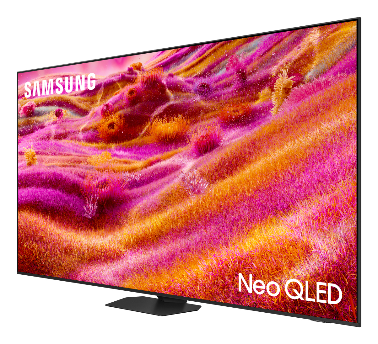 Un televisor Samsung Neo QLED muestra una imagen abstracta vibrante con tonos rosa, naranja y amarillo. El televisor está sobre un soporte negro.