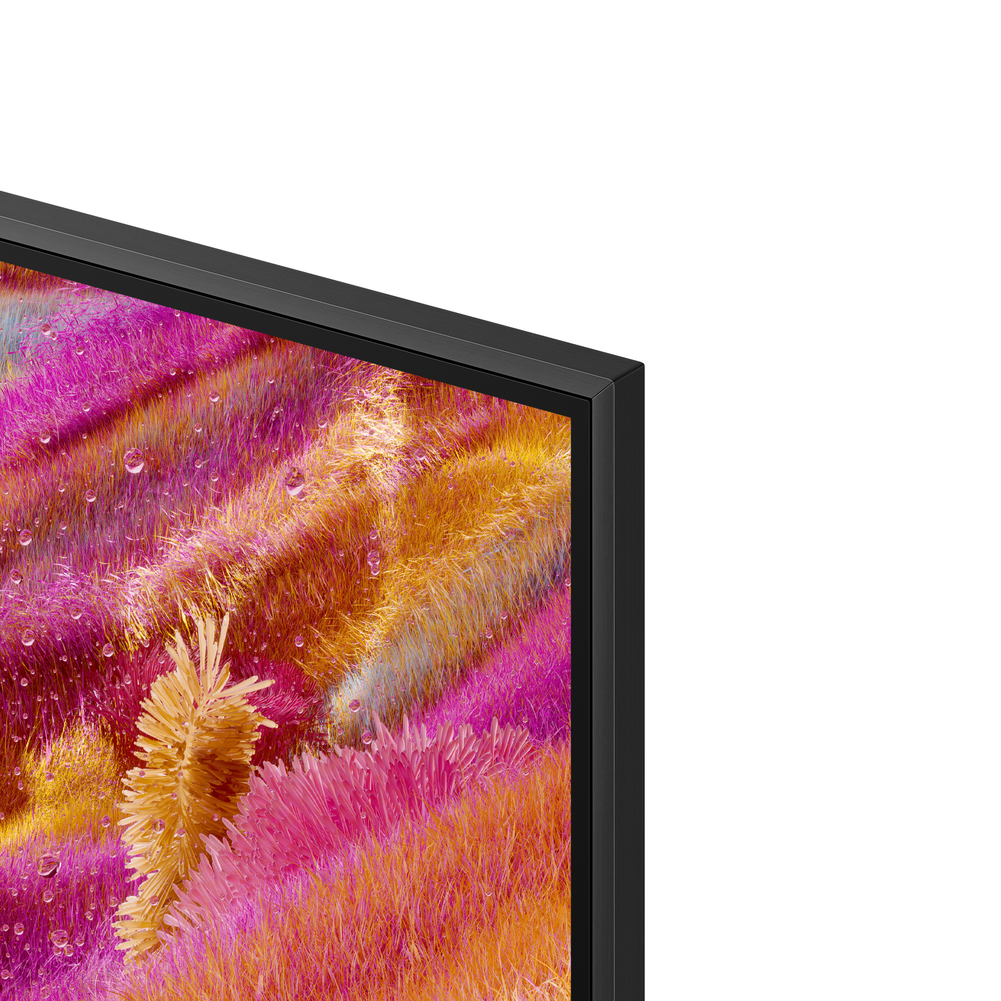 Primer plano de una pantalla de TV que muestra patrones abstractos, coloridos y texturizados con gotas de agua.