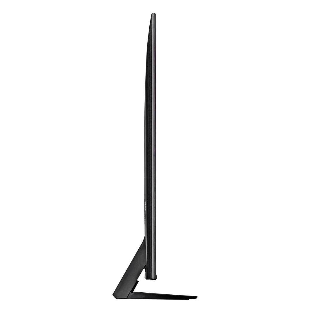 Widok z boku czarnego, smukłego telewizora na białym tle. Telewizor stoi pionowo, wspierany przez podstawę.