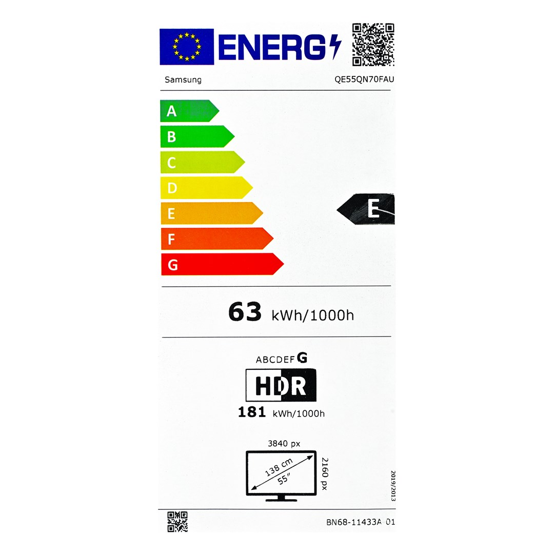 Etykieta energetyczna Samsunga dla telewizora. Pokazuje klasę E, zużycie energii, HDR i wymiary.