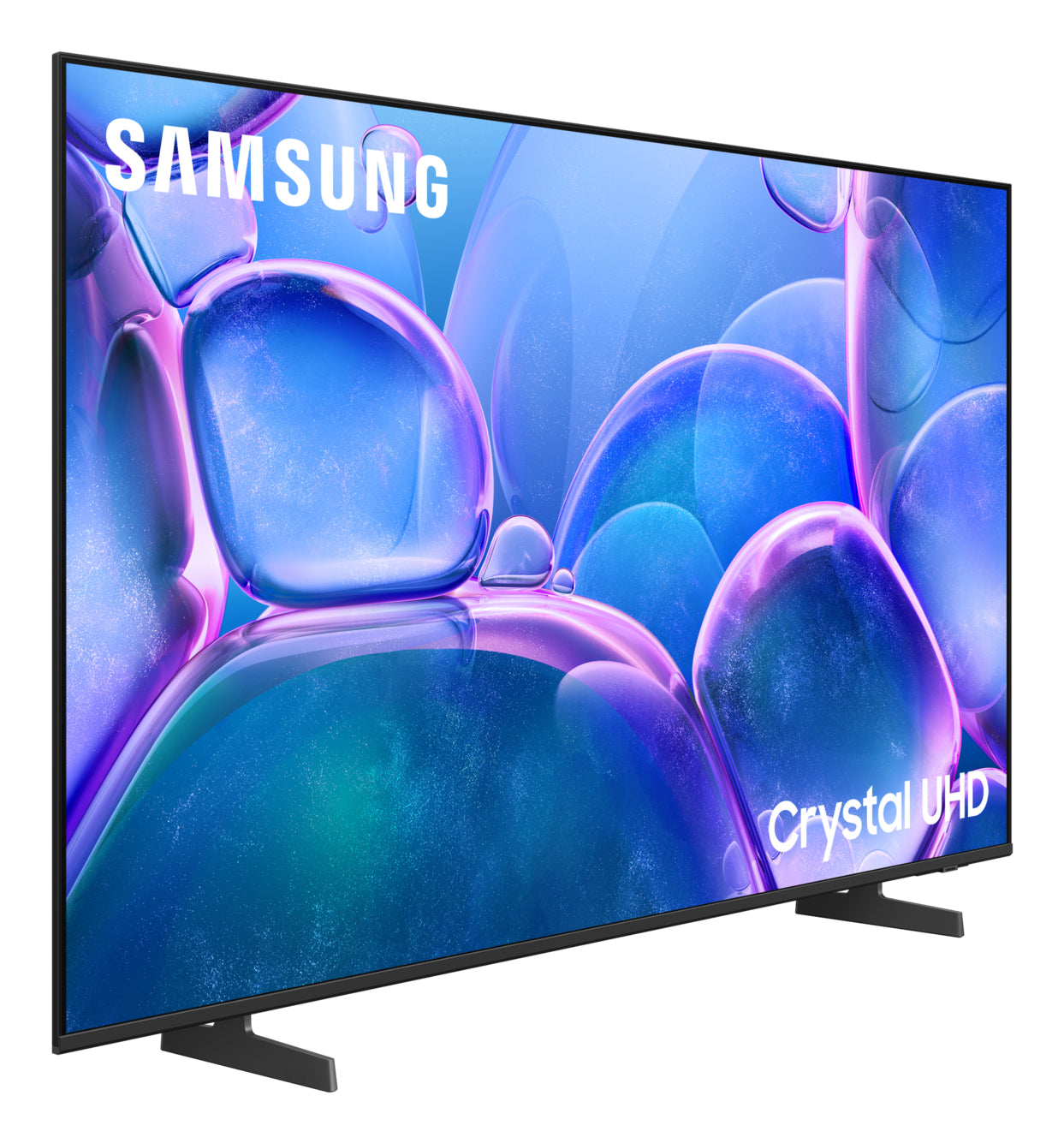 Telewizor Samsung Crystal UHD wyświetla abstrakcyjny obraz w kolorze niebieskim i fioletowym. Telewizor jest czarny ze stojakiem. Logo Samsung znajduje się u góry.