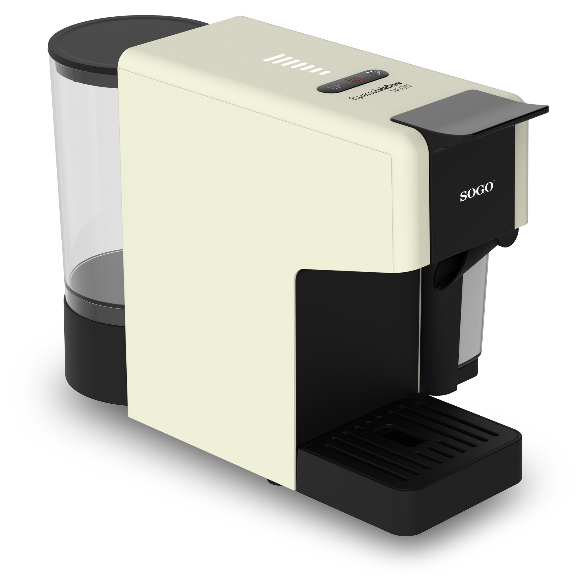 Macchina per espresso color crema e nera. Ha un serbatoio dell'acqua a sinistra e un vassoio raccogli gocce.