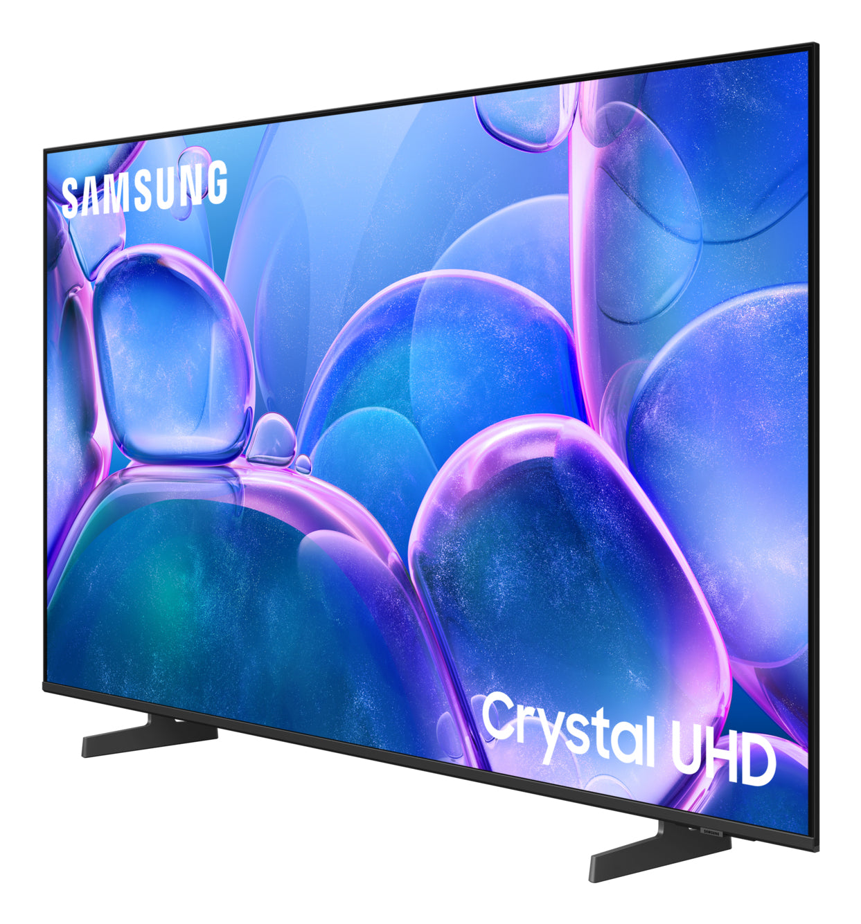 Telewizor Samsung Crystal UHD. Ekran wyświetla niebieskie i fioletowe abstrakcyjne kształty. Telewizor ma czarną ramę i nóżki.