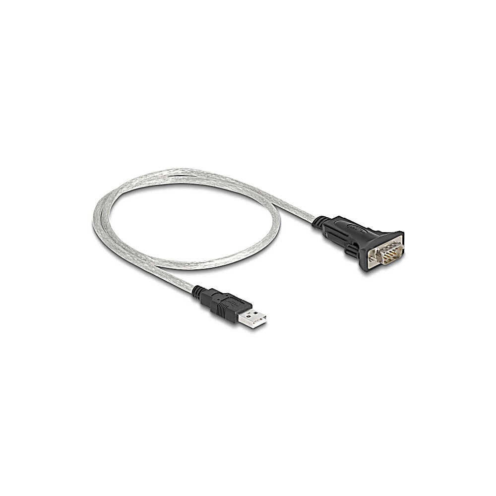 Un cavo da USB a seriale argentato, con un connettore USB di tipo A e un connettore di porta seriale nero, su sfondo bianco.