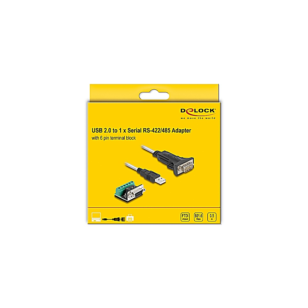 Una scatola gialla mostra un adattatore da USB 2.0 a seriale. Ha un connettore nero, un connettore USB e un morsettiera verde, con testo.
