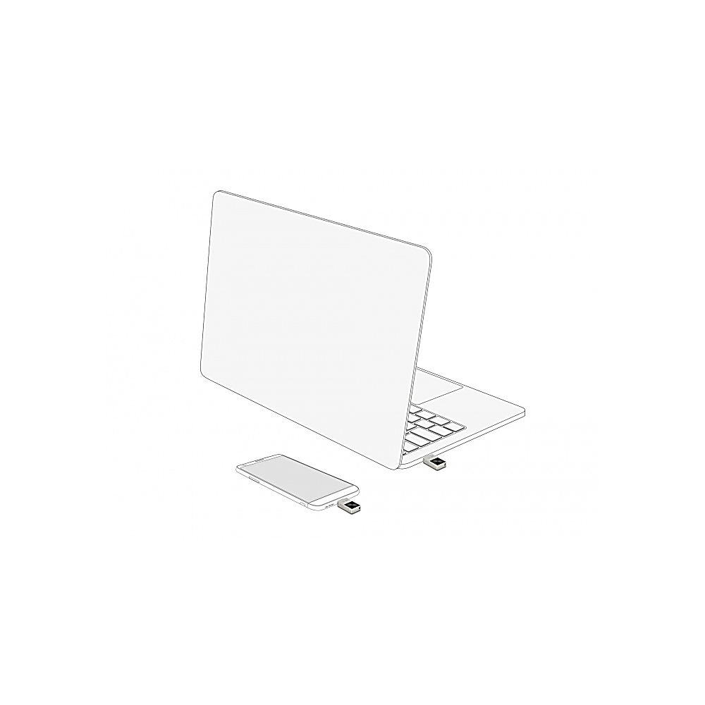 Laptop, smartfon i dwa pendrive'y na białym tle. Laptop jest otwarty. Telefon i laptop mają wpięte pendrive'y.