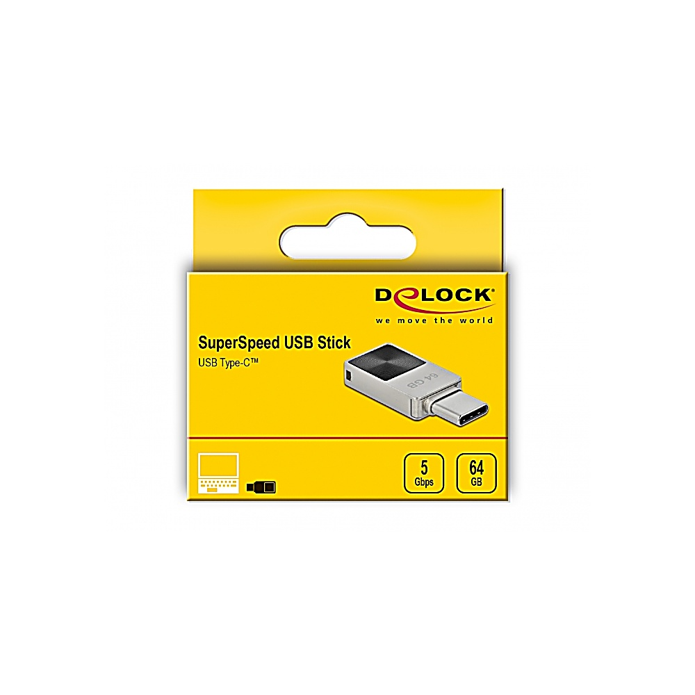 Żółte pudełko ze srebrnym pendrivem z napisem "SuperSpeed USB Stick". Pokazuje 5 Gbps i 64 GB. Marka to Delock.