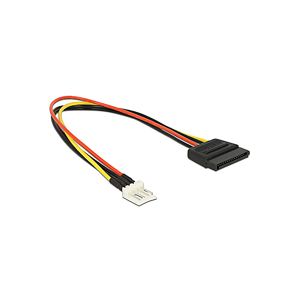Kabel danych i zasilania SATA. Ma czarne złącze, białe złącze i trzy kolorowe przewody: czarny, czerwony i żółty.