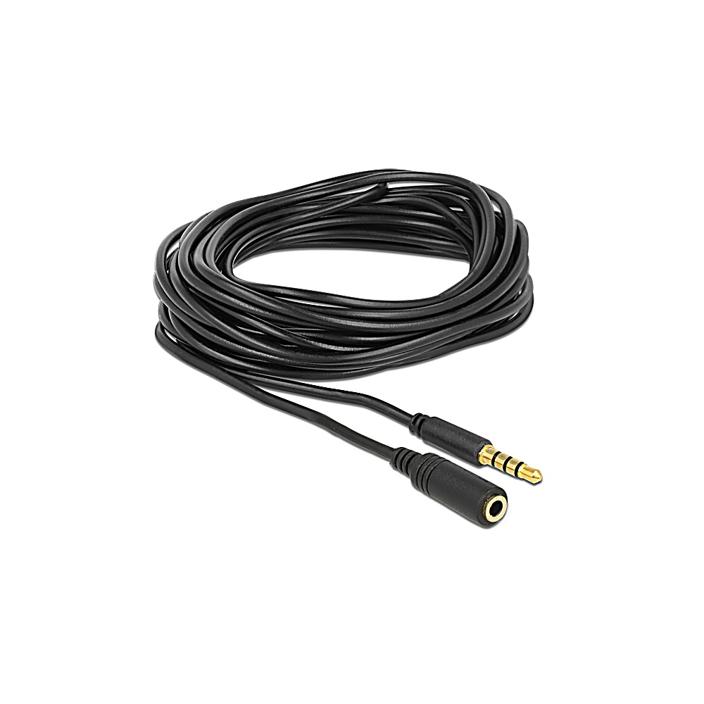 Un cavo audio nero arrotolato con un connettore maschio da 3,5 mm e un connettore femmina. Sfondo bianco.