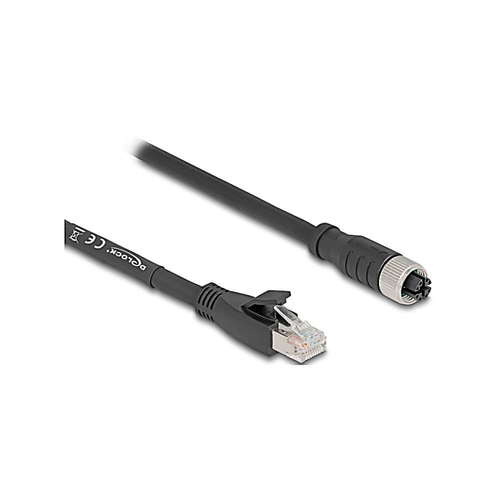 Cavo Ethernet nero con connettore RJ45 e connettore circolare su sfondo bianco.